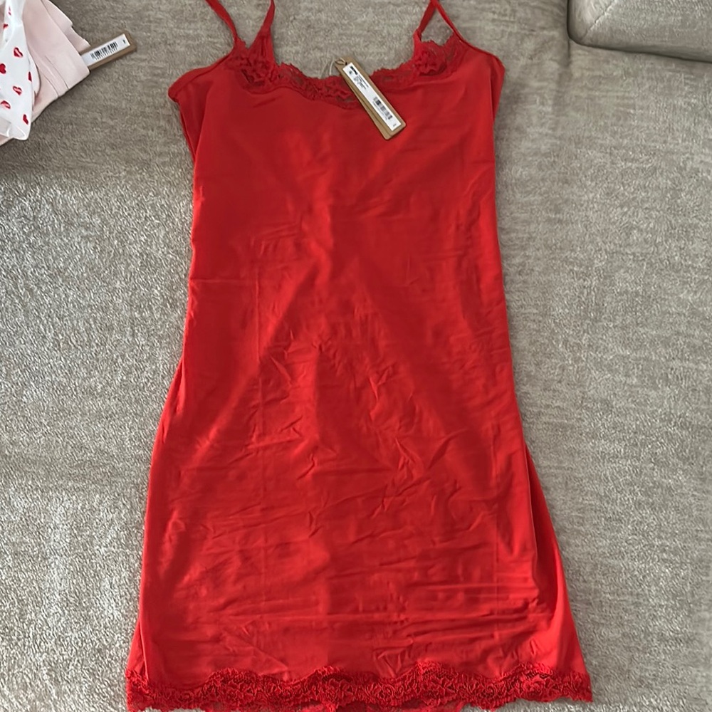 Skims Red Lace Trim Slip Dress From Valentines Collection Size M